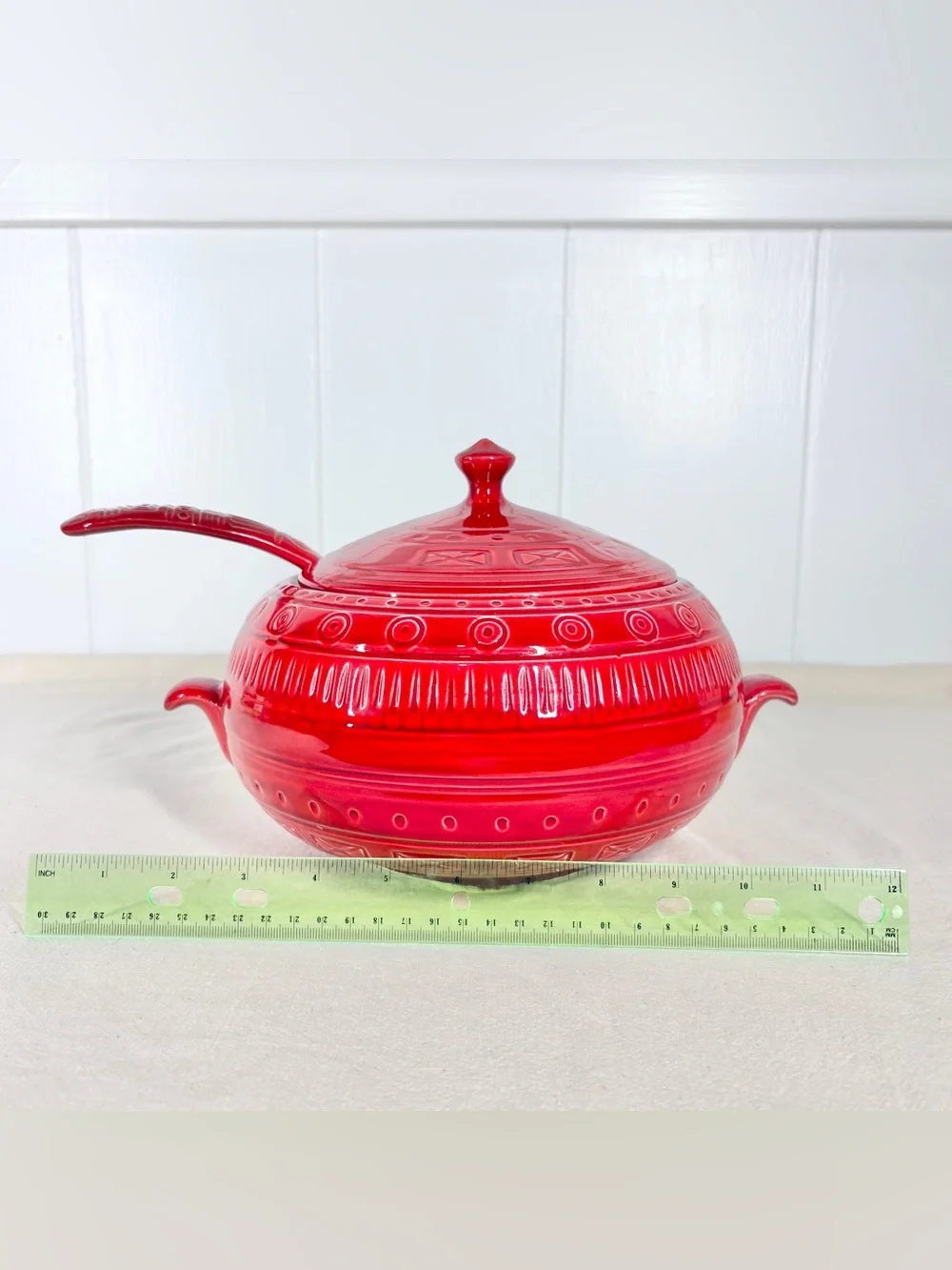 Vintage California Pottery Soup Ceramic Tureen with Ladle B655 Red Orange